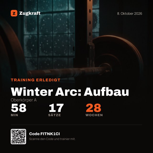 Trainingskarte mit Programm Winter Arc Aufbau, Dauer, Sätzen und 28 Wochen Serie