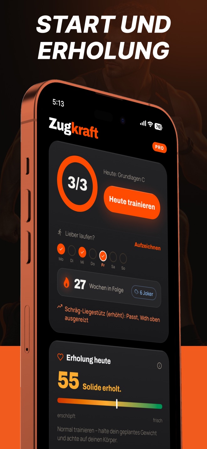 Start-Bildschirm mit Wochenziel, Streak und Erholungswert