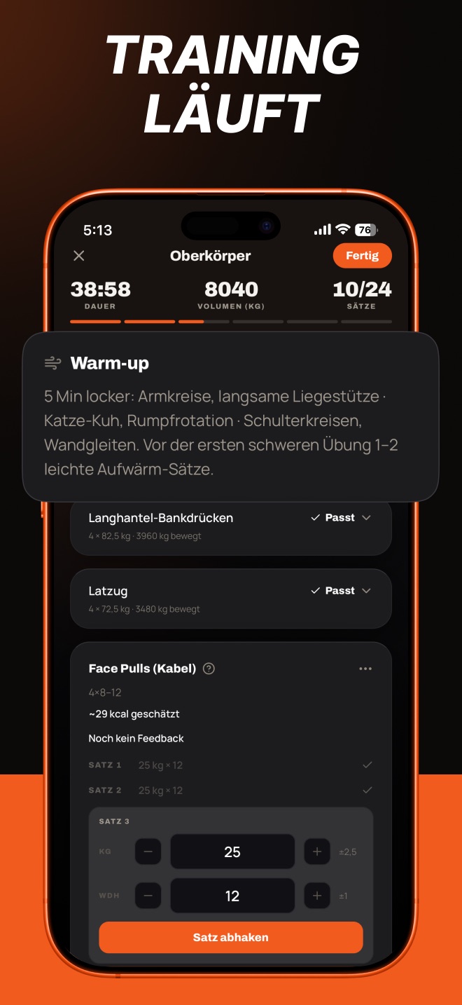 Laufendes Training mit Warm-up-Hinweis und Satz-Eingabe
