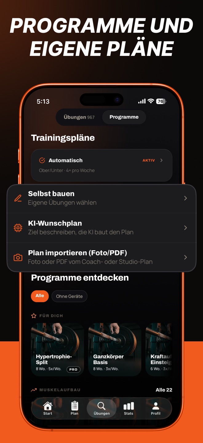 Trainingsplan selbst bauen, per KI erstellen oder als Foto importieren