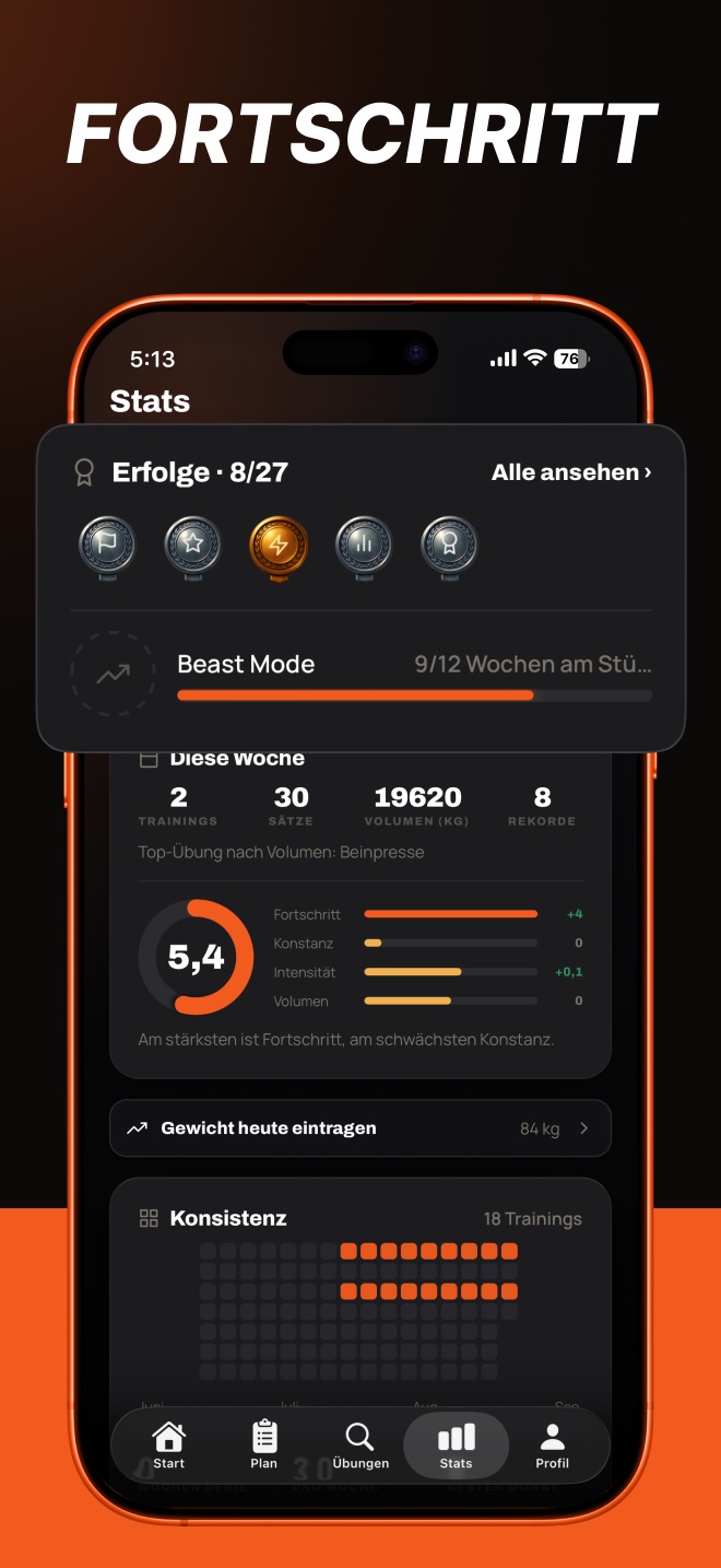 Stats mit Erfolgen, Score-Ringen und Konsistenz-Kalender